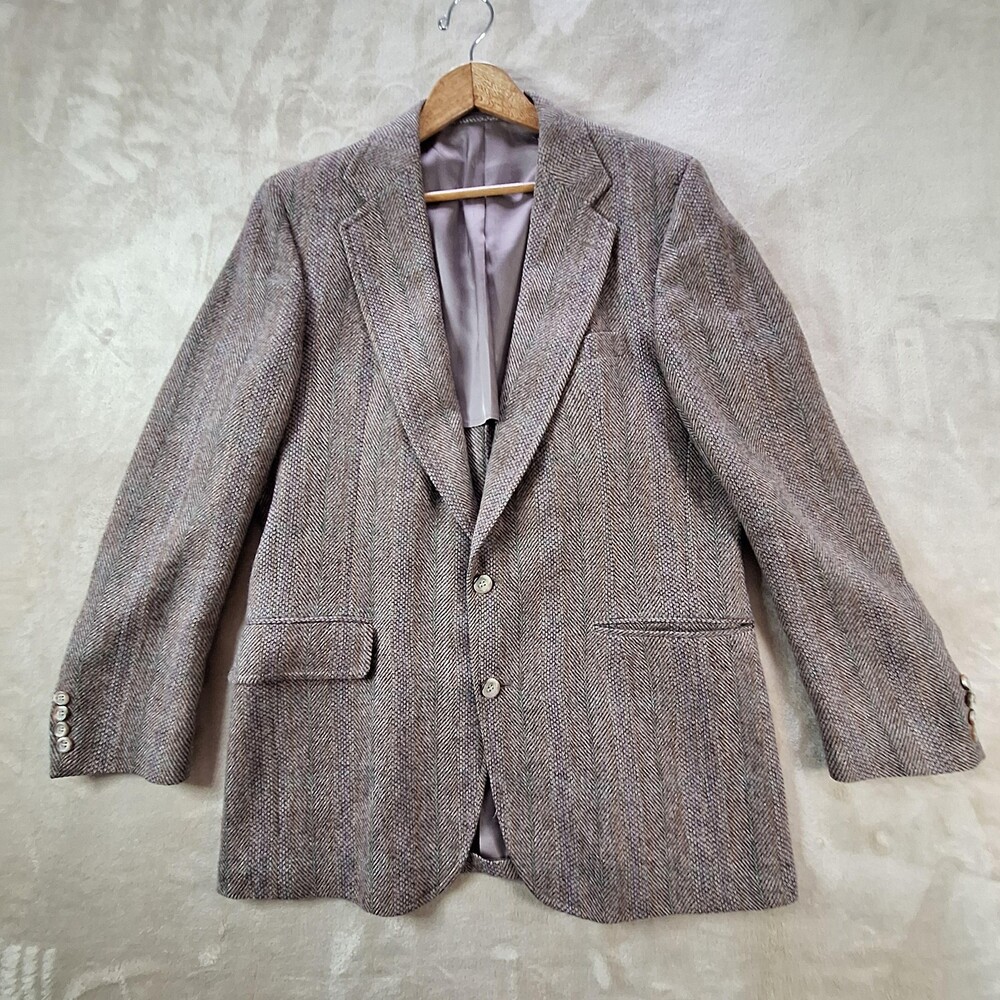Stanley Blacker Blazer Mens Large Brown Gray Wool Herringbone Tweed Sport Coat